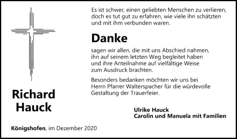  Traueranzeige für Richard Hauck vom 19.12.2020 aus Fränkische Nachrichten