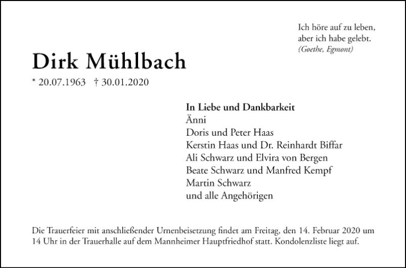  Traueranzeige für Dirk Mühlbach vom 08.02.2020 aus Mannheimer Morgen