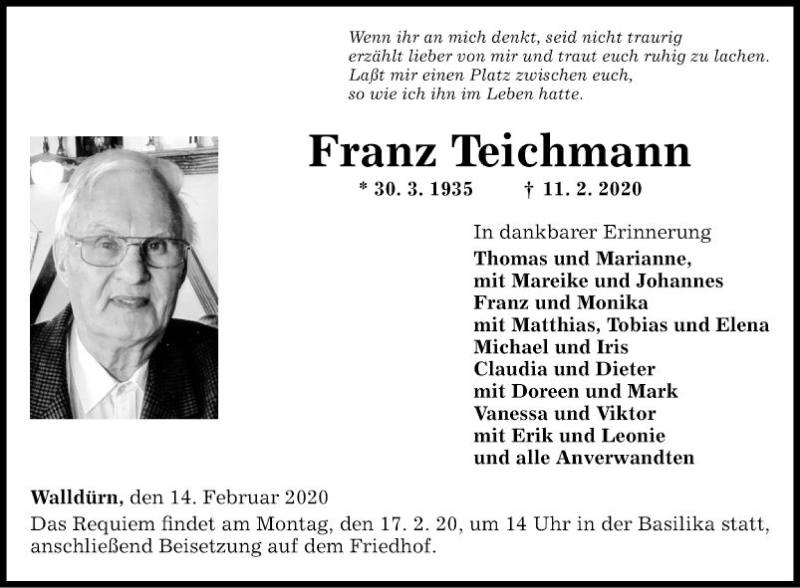  Traueranzeige für Franz Teichmann vom 14.02.2020 aus Fränkische Nachrichten