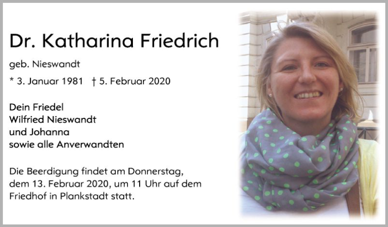  Traueranzeige für Katharina Friedrich vom 08.02.2020 aus Schwetzinger Zeitung