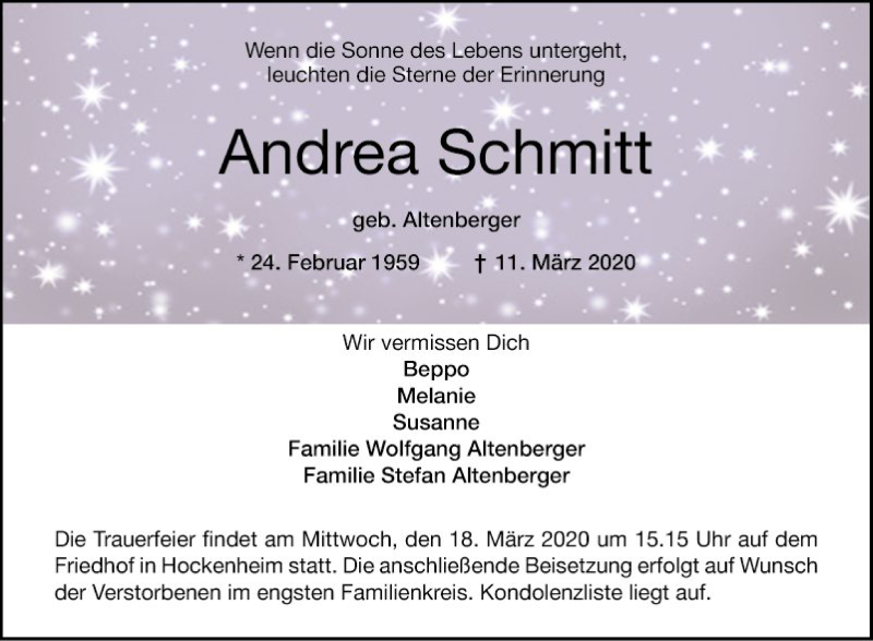  Traueranzeige für Andrea Schmitt vom 14.03.2020 aus Schwetzinger Zeitung