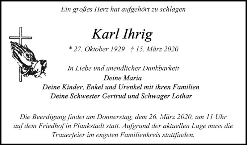  Traueranzeige für Karl Ihrig vom 21.03.2020 aus Schwetzinger Zeitung