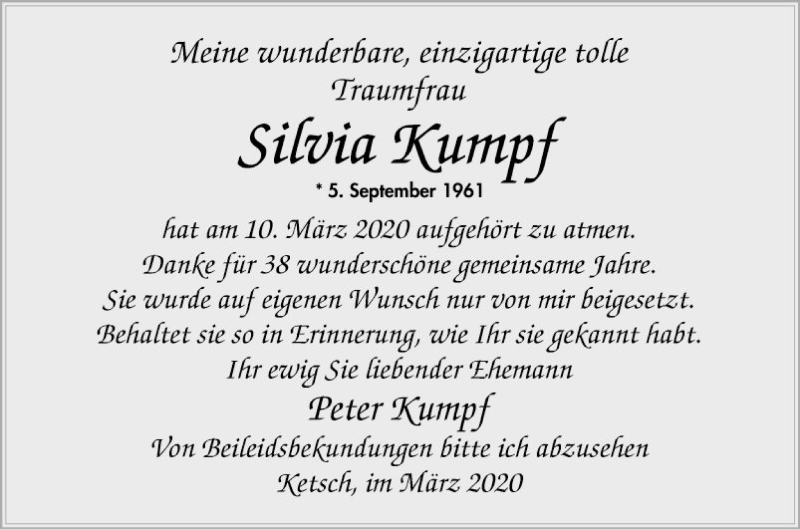  Traueranzeige für Silvia Kumpf vom 17.03.2020 aus Schwetzinger Zeitung