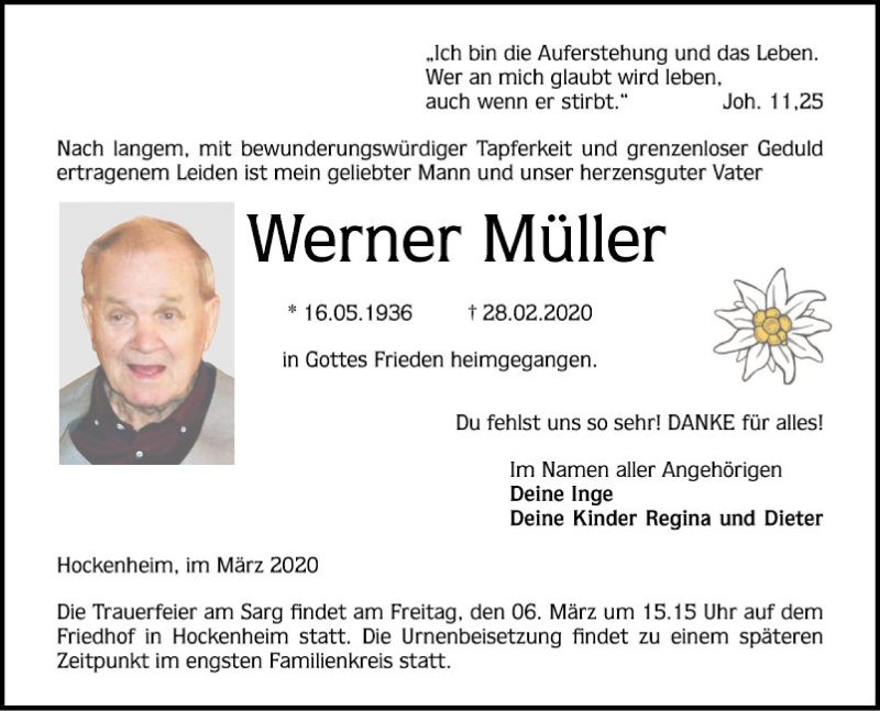  Traueranzeige für Werner Müller vom 04.03.2020 aus Schwetzinger Zeitung