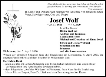 Traueranzeige von Josef Wolf von Fränkische Nachrichten