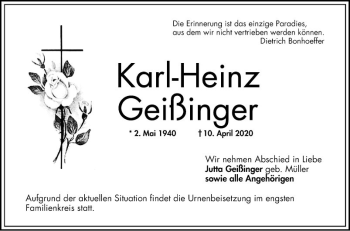 Traueranzeige von Karl-Heinz Geißinger von Schwetzinger Zeitung