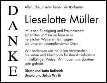 Traueranzeige von Lieselotte Müller von Schwetzinger Zeitung