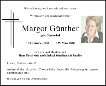 Traueranzeige von Margot Günther von Bergsträßer Anzeiger