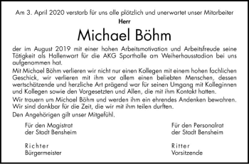 Traueranzeige von Michael Böhm von Bergsträßer Anzeiger