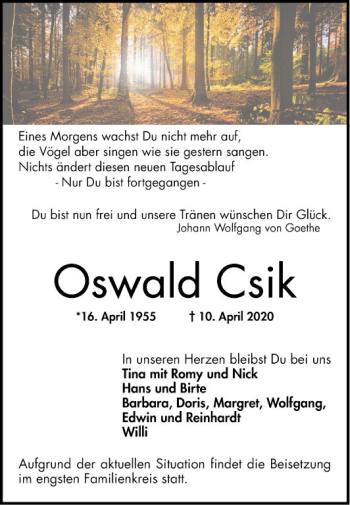 Traueranzeige von Oswald Csik von Schwetzinger Zeitung