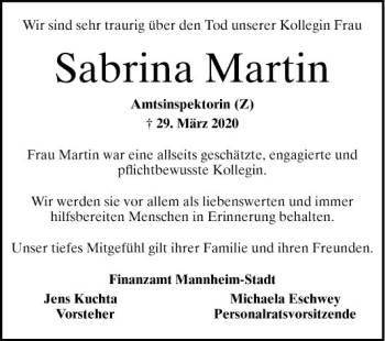 Traueranzeige von Sabrina Martin von Mannheimer Morgen