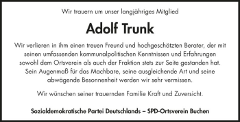 Traueranzeige von Adolf Trunk von Fränkische Nachrichten