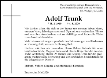 Traueranzeige von Adolf Trunk von Fränkische Nachrichten