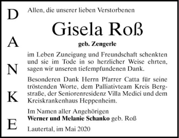Traueranzeige von Gisela Roß von Bergsträßer Anzeiger