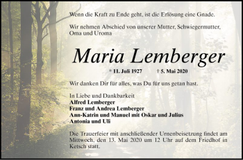 Traueranzeige von Maria Lemberger von Schwetzinger Zeitung