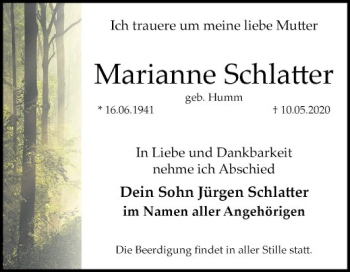 Traueranzeige von Marianne Schlatter von Mannheimer Morgen