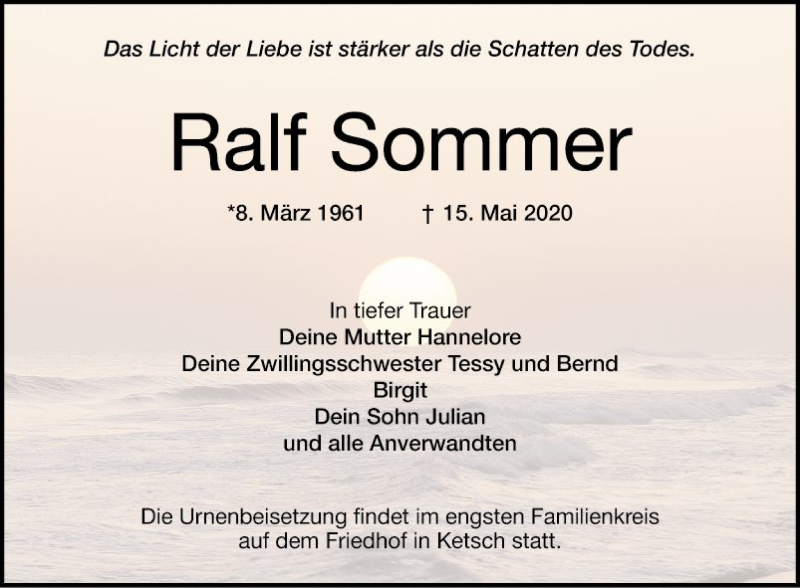  Traueranzeige für Ralf Sommer vom 20.05.2020 aus Schwetzinger Zeitung