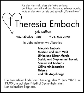 Traueranzeige von Theresia Embach von Mannheimer Morgen