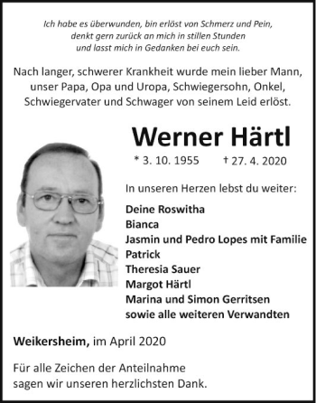 Traueranzeige von Werner Härtl von Fränkische Nachrichten