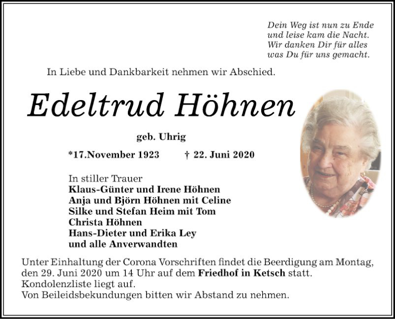  Traueranzeige für Edeltrud Höhnen vom 26.06.2020 aus Schwetzinger Zeitung