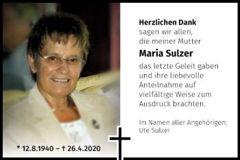 Traueranzeige von Maria Sulzer von Schwetzinger Zeitung