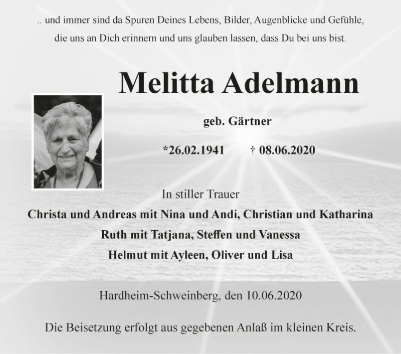  Traueranzeige für Melitta Adelmann vom 12.06.2020 aus Fränkische Nachrichten