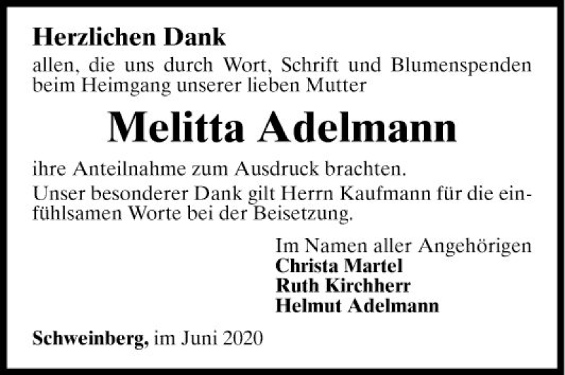  Traueranzeige für Melitta Adelmann vom 30.06.2020 aus Fränkische Nachrichten
