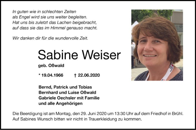  Traueranzeige für Sabine Weiser vom 27.06.2020 aus Schwetzinger Zeitung