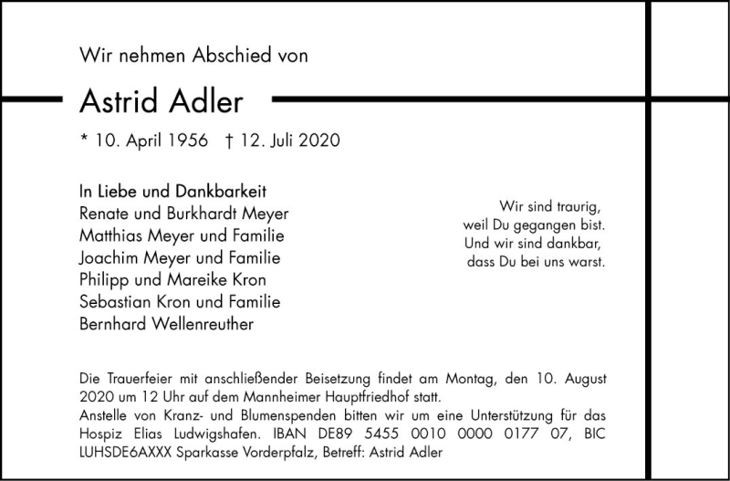  Traueranzeige für Astrid Adler vom 25.07.2020 aus Mannheimer Morgen