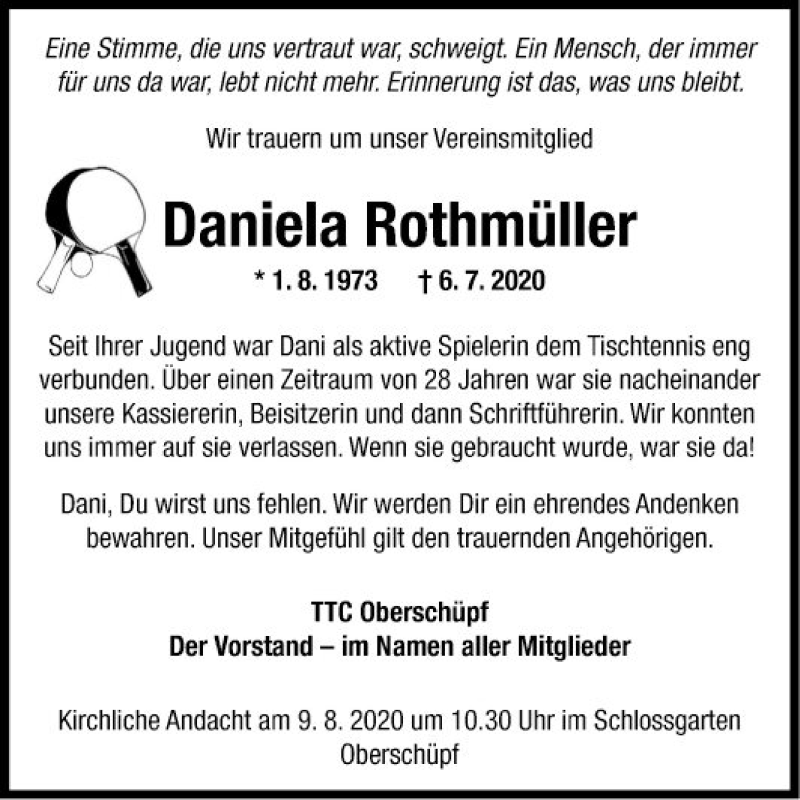  Traueranzeige für Daniela Rothmüller vom 18.07.2020 aus Fränkische Nachrichten