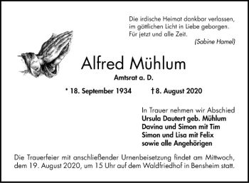 Traueranzeige von Alfred Mühlum von Bergsträßer Anzeiger
