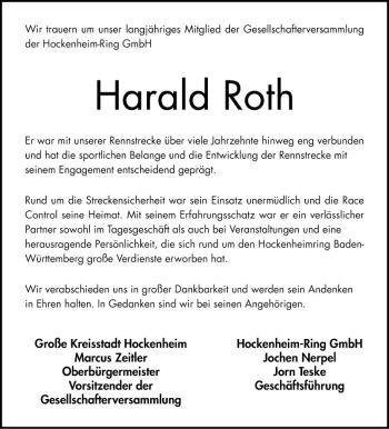 Traueranzeige von Harald Roth von Schwetzinger Zeitung