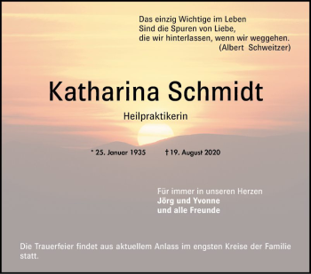 Traueranzeige von Katharina Schmidt von Mannheimer Morgen