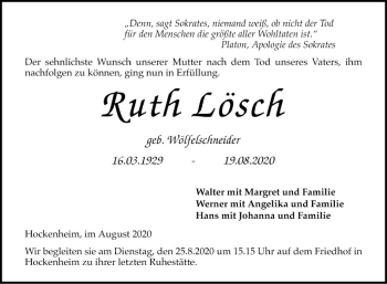 Traueranzeige von Ruth Lösch von Schwetzinger Zeitung