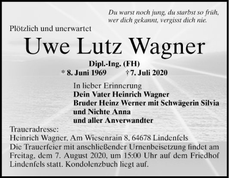  Traueranzeige für Uwe Lutz Wagner vom 01.08.2020 aus Bergsträßer Anzeiger