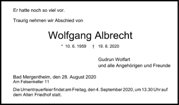 Traueranzeige von Wolfgang Albrecht von Fränkische Nachrichten
