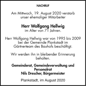 Traueranzeige von Wolfgang Hellwig von Schwetzinger Zeitung