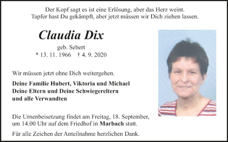  Traueranzeige für Claudia Dix vom 12.09.2020 aus Fränkische Nachrichten