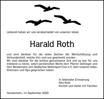 Traueranzeige von Harald Roth von Schwetzinger Zeitung