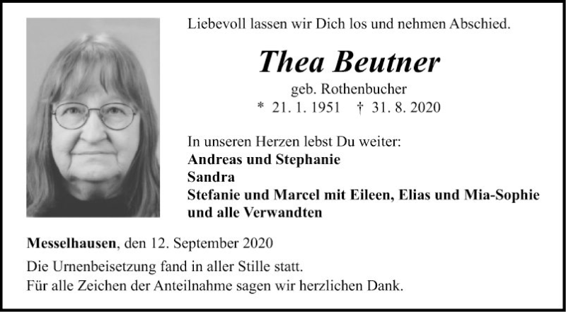  Traueranzeige für Thea Beutner vom 12.09.2020 aus Fränkische Nachrichten