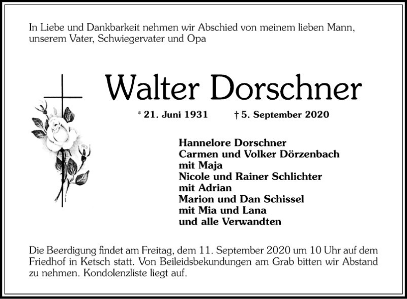  Traueranzeige für Walter Dorschner vom 09.09.2020 aus Schwetzinger Zeitung