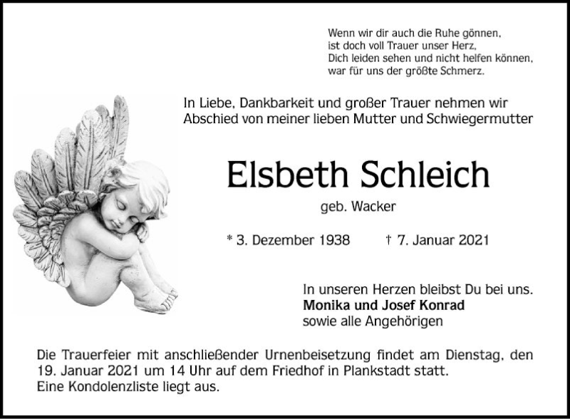  Traueranzeige für Elsbeth Schleich vom 16.01.2021 aus Schwetzinger Zeitung