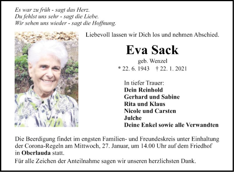  Traueranzeige für Eva Sack vom 26.01.2021 aus Fränkische Nachrichten