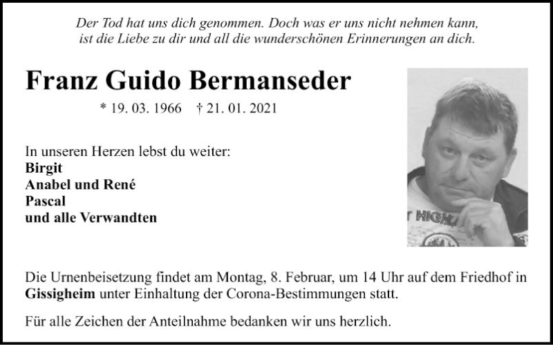 Traueranzeige für Franz Guido Bermanseder vom 01.02.2021 aus Fränkische Nachrichten