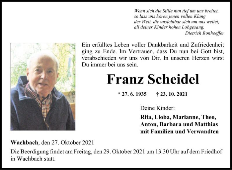  Traueranzeige für Franz Scheidel vom 27.10.2021 aus Fränkische Nachrichten