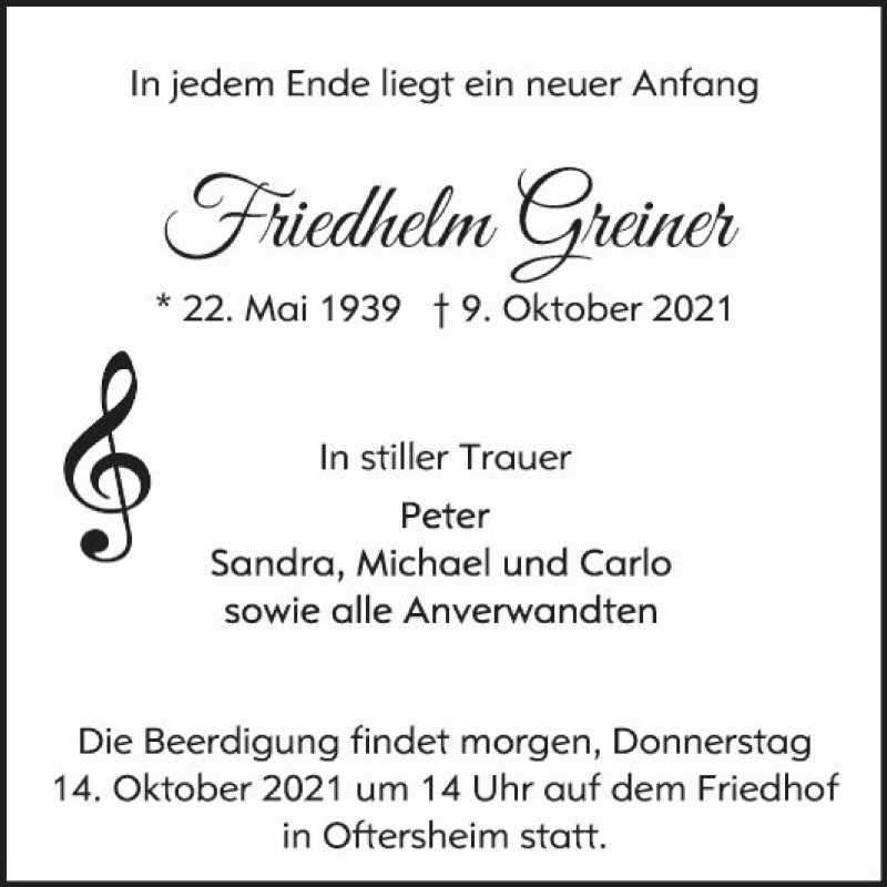  Traueranzeige für Friedhelm Greiner vom 13.10.2021 aus Schwetzinger Zeitung
