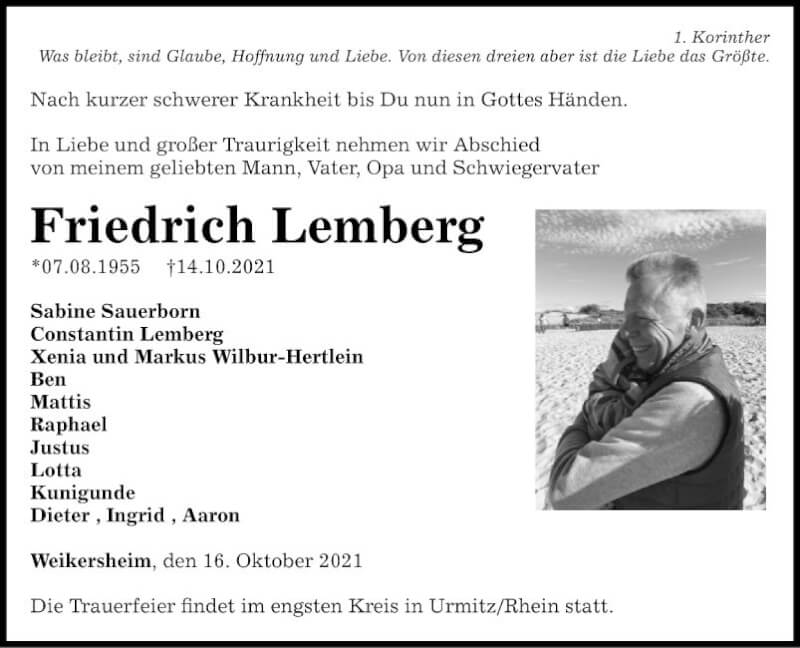  Traueranzeige für Friedrich Lemberg vom 16.10.2021 aus Fränkische Nachrichten