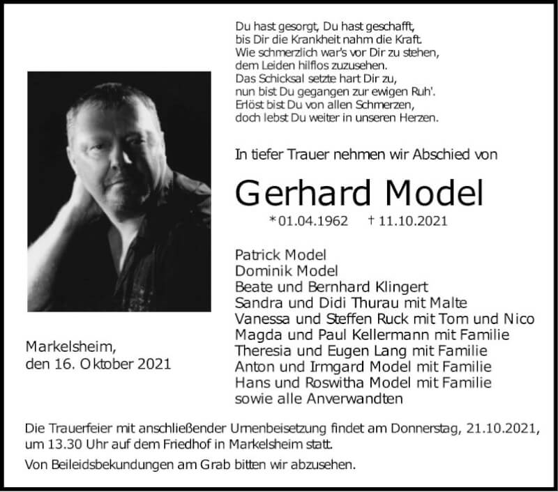  Traueranzeige für Gerhard Model vom 16.10.2021 aus Fränkische Nachrichten