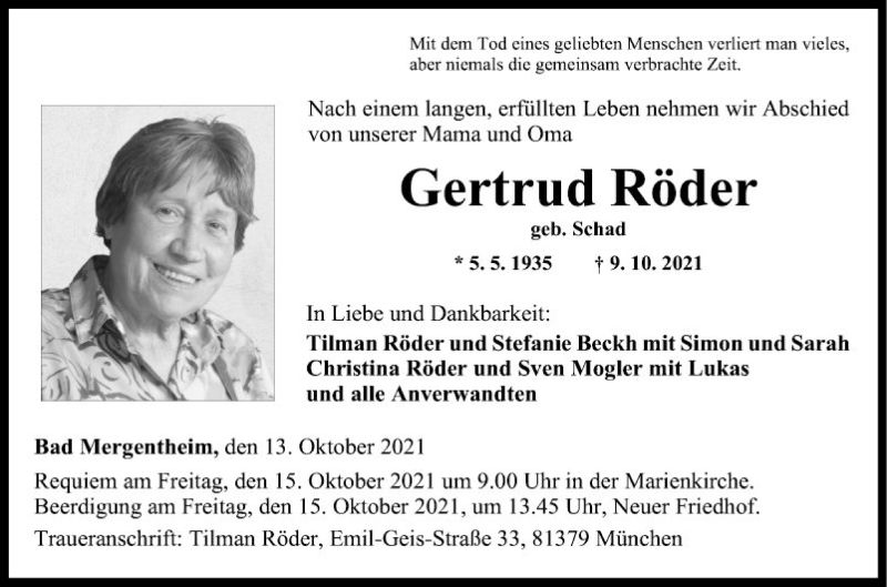  Traueranzeige für Gertrud Röder vom 13.10.2021 aus Fränkische Nachrichten