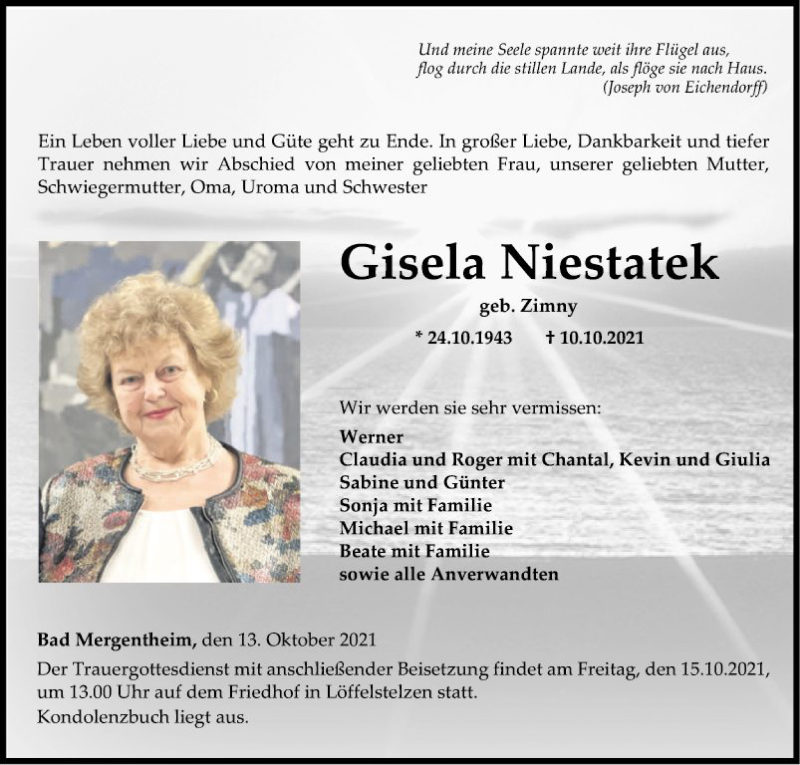  Traueranzeige für Gisela Niestatek vom 13.10.2021 aus Fränkische Nachrichten